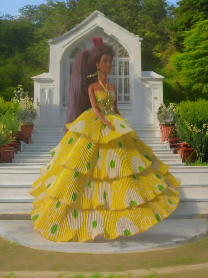 Valencia - Vestido de baile único hecho a mano amarillo verde blanco para muñecas Foto 4 de 4