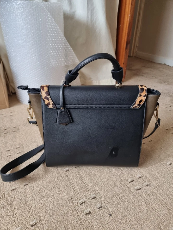 Atmosphere black, olive and brown handbag with leopard print zip & turn lock - Image 3 of 4