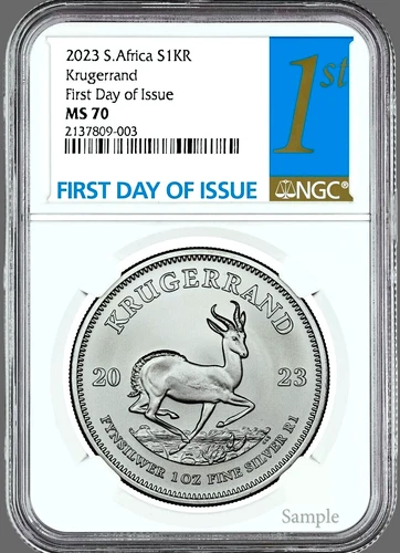 2023 SOUTH AFRICA KRUGERRAND SILVER 999 FIRST DAY ISSUE & 1ST LABEL / MS70 NGC