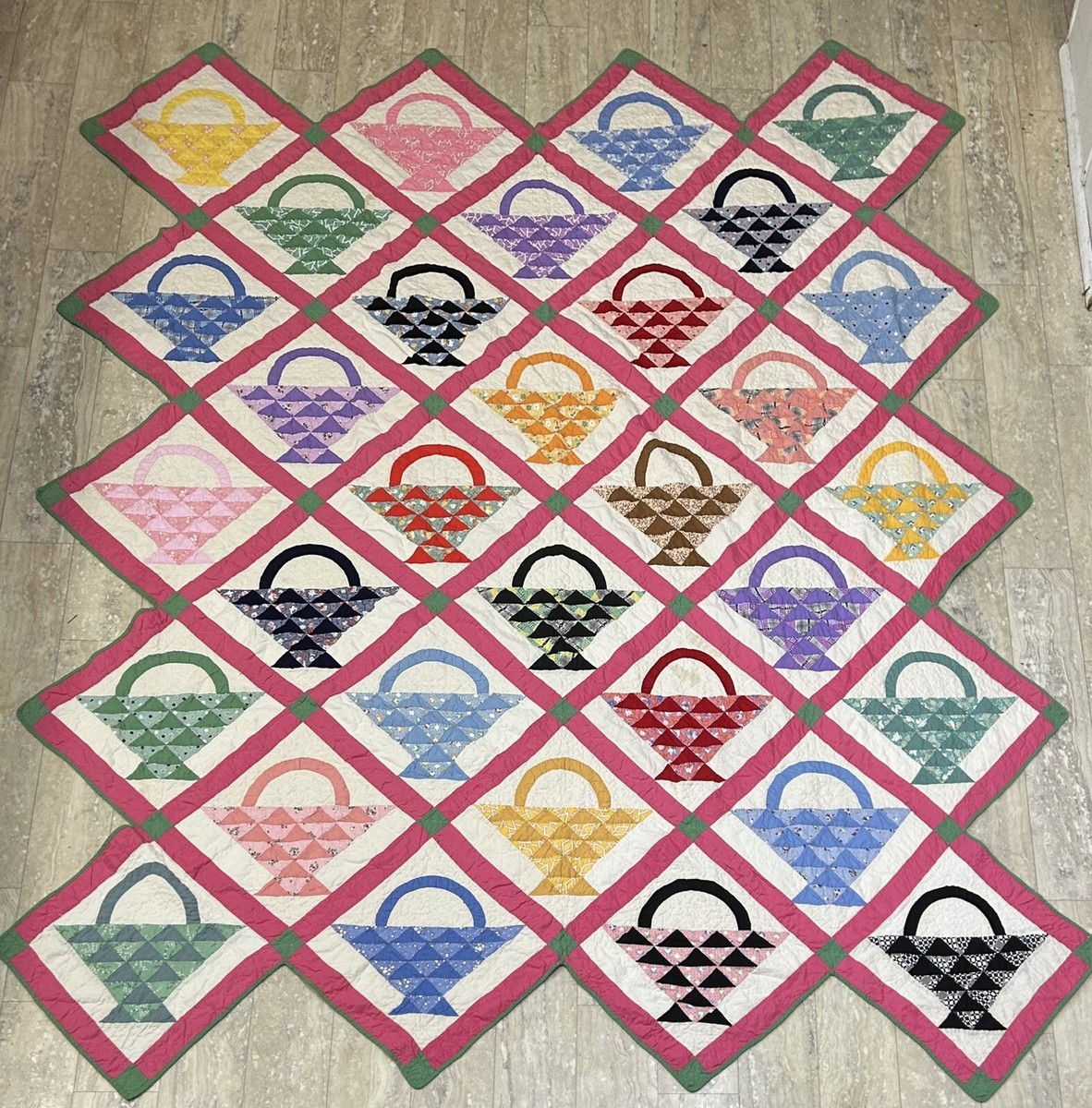 Vintage Patchwork Flower Basket Quilt Hand Stitched