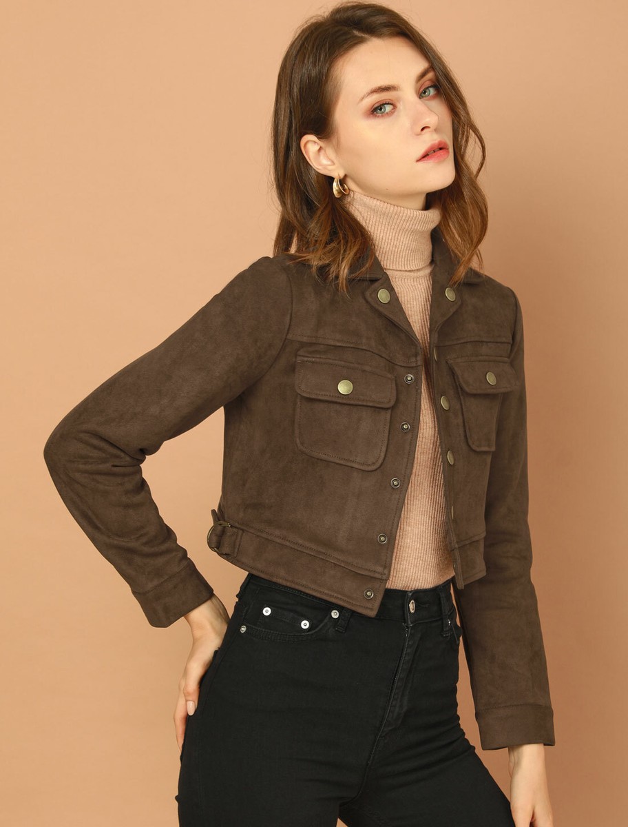 【THEAIRTOWN】vintage suede crop coat★ Women's Faux Suede Notched Collar Button Up Crop Jacket | eBay