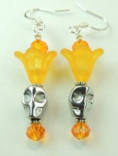 Hematite Skull  Orange Crystal  Acrylic Flowers Drop Earrings Halloween Boo