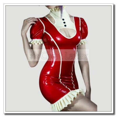 Latex Catsuit Dress Neck Style Short Sleeve Hot Red Sexy with White Ruffles Back