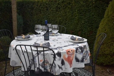 Tischdecke Provence 160 cm rund weiß grau mit Katzen aus Frankreich pflegeleicht - Bild 1 von 4