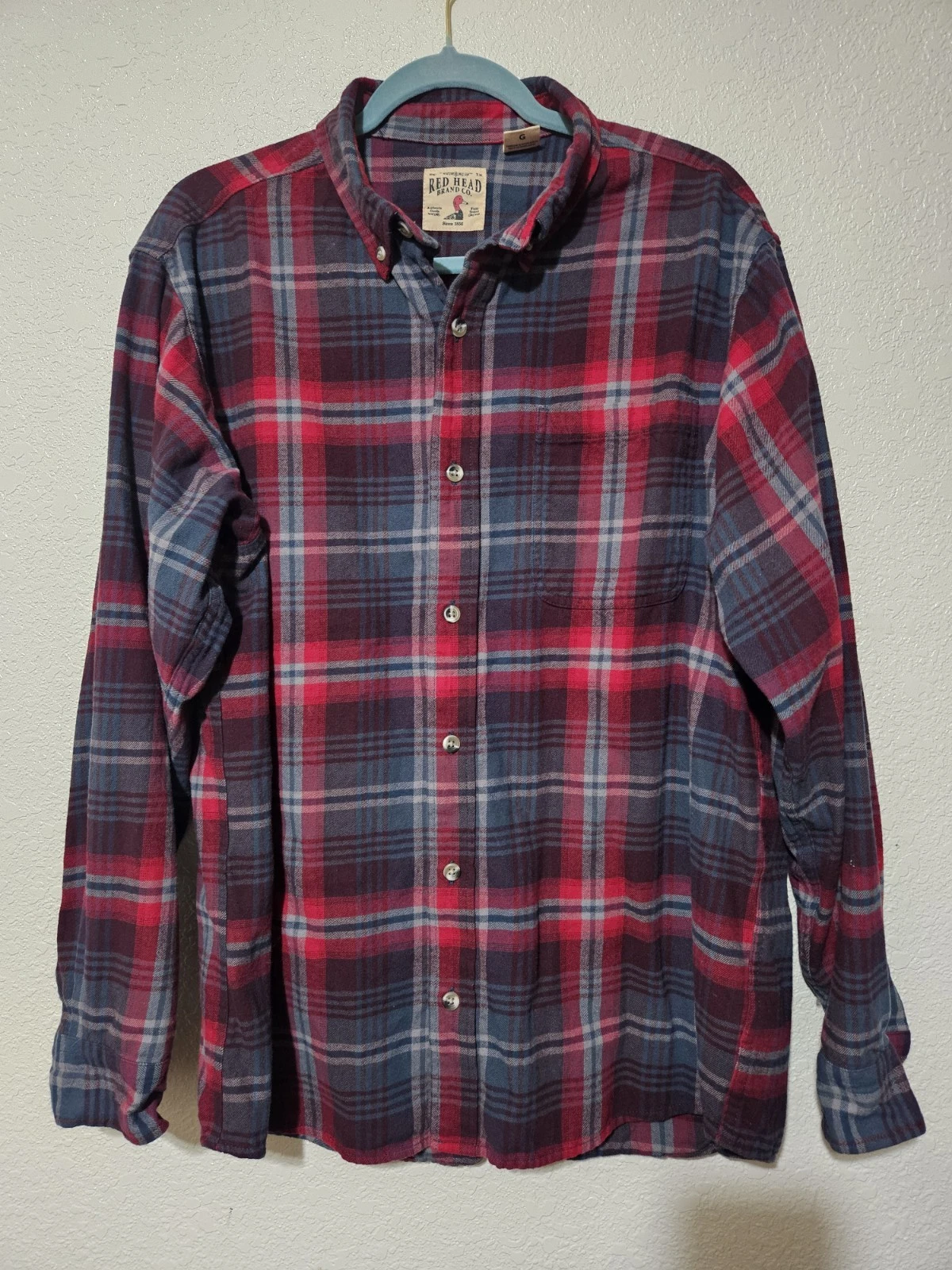 Men's Casual Cotton Flannel Shirt Red Head Green Plaid, Long-Sleeve L