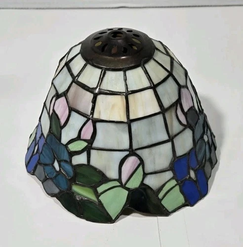 Vintage Tiffany Style Stained Glass Lamp Shade Rose Floral Pink Green