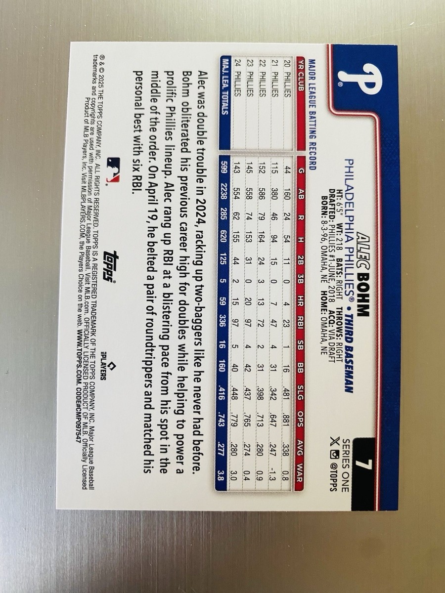 Alec Bohm 2025 Topps Series 1 Rainbow Foilboard #7 Philadelphia