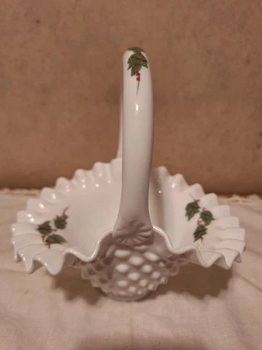 Fenton HandPainted "Holly" Hobnail Milkglass Basket..1972_73 Signed B. Phillips