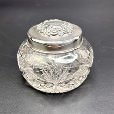 Antique 1890s Whiting Cut Crystal Dresser Vanity Powder Jar Sterling Silver Lid