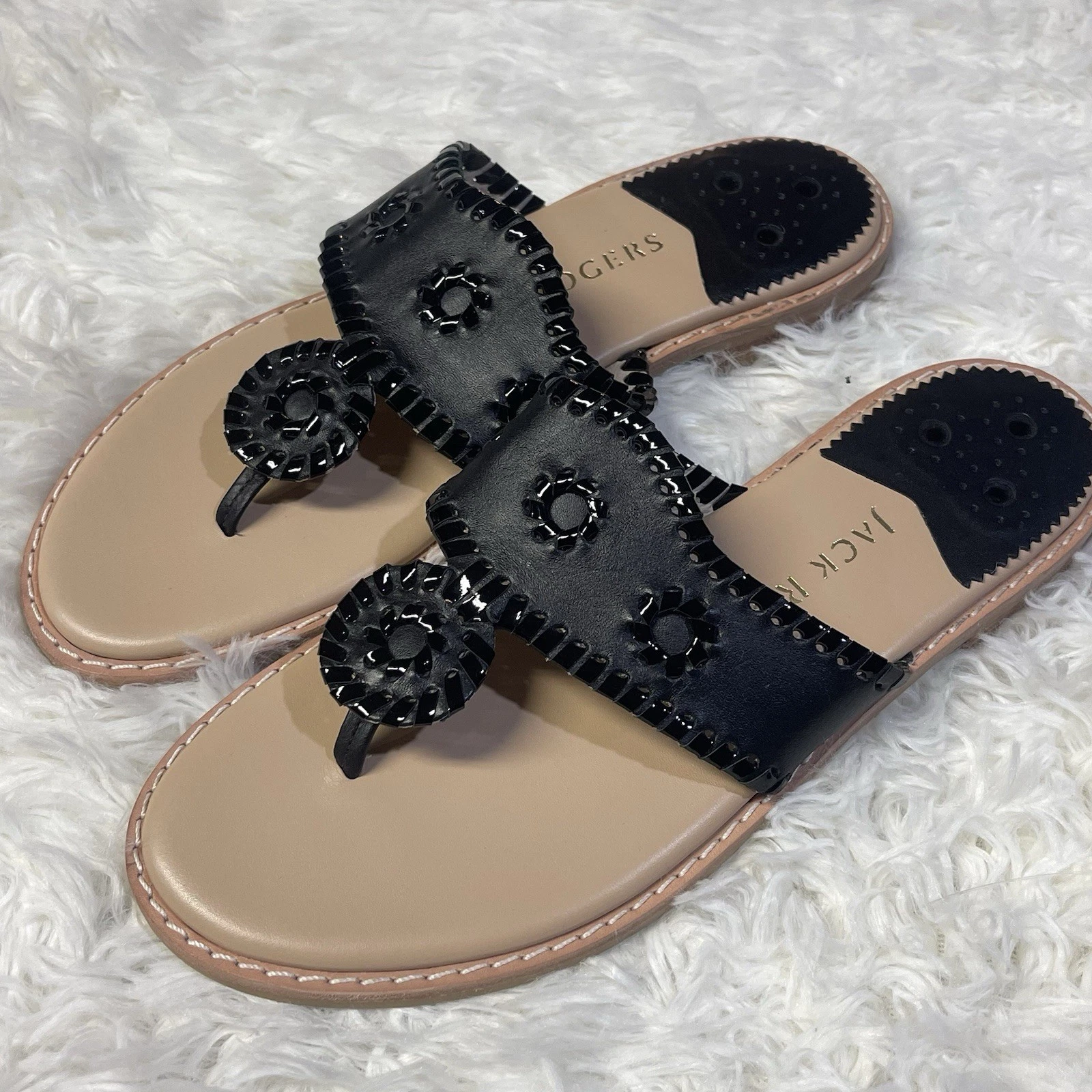 Jack Rogers Sandals Womens 9 M Black Leather Flip Flops Hampton Patent Preppy