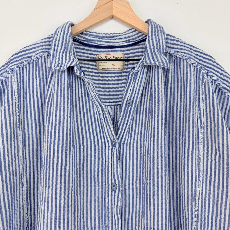 Camisa Free People de Gran Tamaño a Rayas XL Rayos de Sol Indigo Playa Boho Algodón Lino Foto 4 de 4