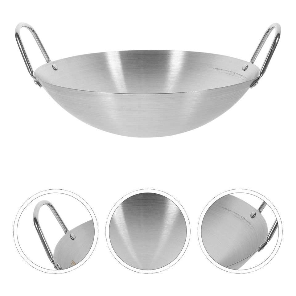 Round Bottom Fry Pan Stainless Steel Wok Double Handle Cooking Pot for ...