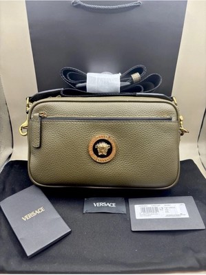 VERSACE La Medusa grainy  Calf Khaki Gold crossbody bag  designer NWT  $1400