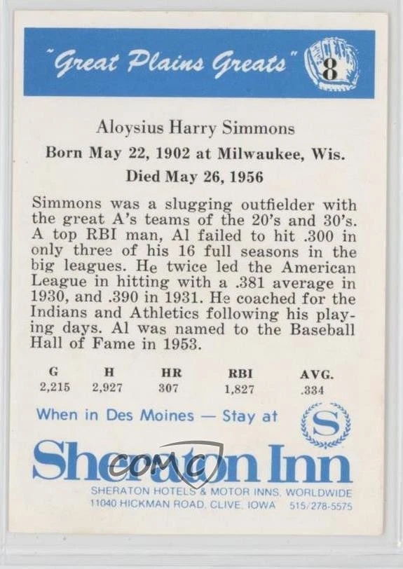 1975 Sheraton Great Plains Greats Al Simmons #8 HOF - Image 2 of 2