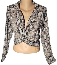 Windsor Blouse Snakeskin Print Crop Top V Neck Polyester Pullover Women's Small
