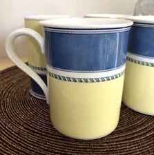 (4) Wedgwood Tuscany Collection Classico Blue Yellow Porcelain Mugs England Mint