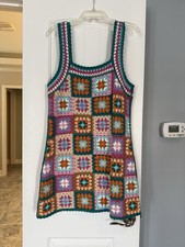 New In Crochet Mini Dress Multicolor Square Patchwork Sleeveless Cover Up M/L