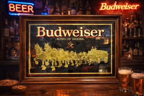 VINTAGE Budweiser Kings of Beers Mirror Framed Sign 21x14” Clydesdales Bar Decor