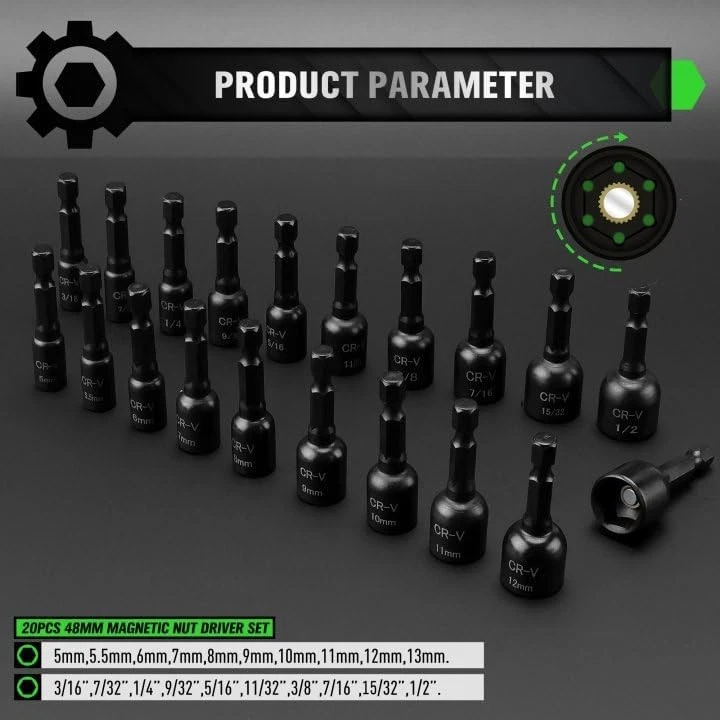 Juego de destornilladores de tuercas magnéticas de 55 piezas, vástago hexagonal métrico y SAE 1/4", destornillador de impacto Foto 2 de 4
