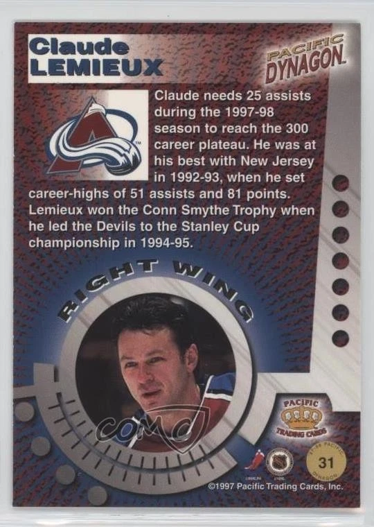 1997-98 Pacific Dynagon Ice Blue Claude Lemieux #31 - Image 2 of 2