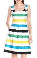 Nine West Black-Multi Stripe Topstitch Stretch Cotton Fit &Flare Dress w/Pockets