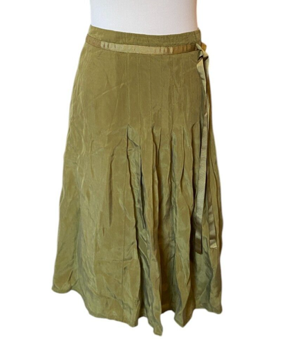 M&S Per Una Skirt Green Olive Sage Knee Length Ribbon Belt 100% Cupro Size 16