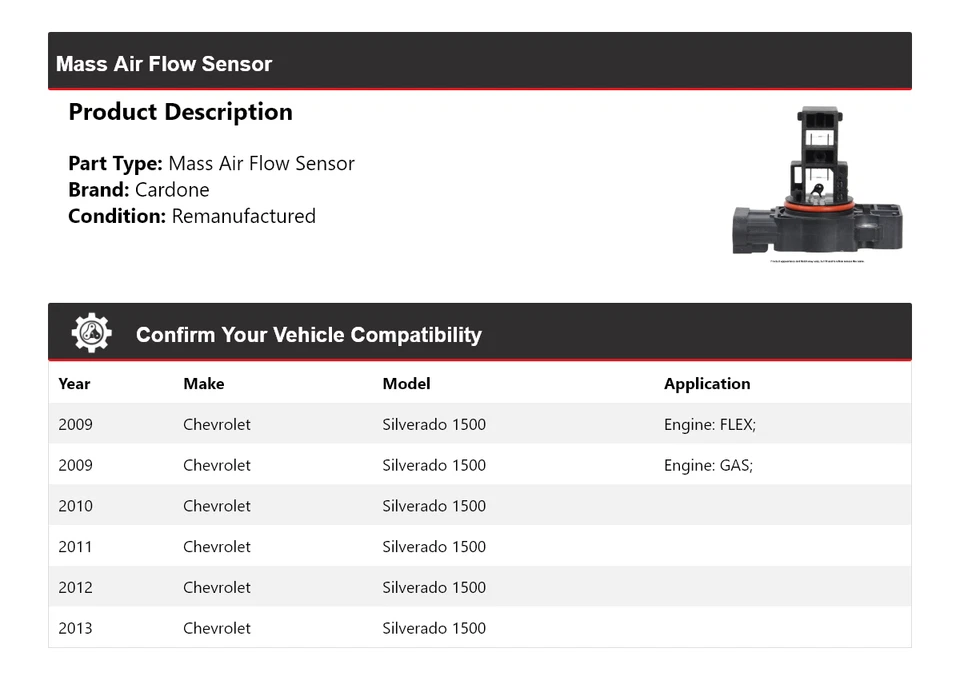 Sensor de flujo de aire masivo Cardone 2010 2011 para Chevrolet Silverado 1500 2009-2013 Foto 2 de 4