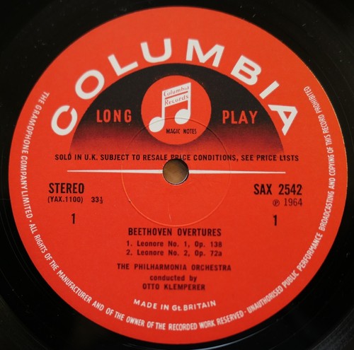 SAX 2542 ED1 Beethoven Four Overtures Fidelio Klemperer Columbia 1st Stereo NM - Picture 3 of 5