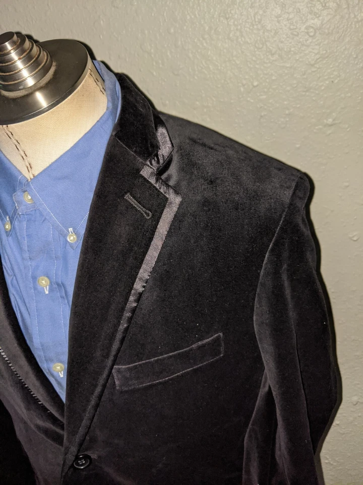 Nordstom Black Velvet Velour Smoking Dinner Satin Ticket M Tux Blazer Jacket - Image 4 of 4