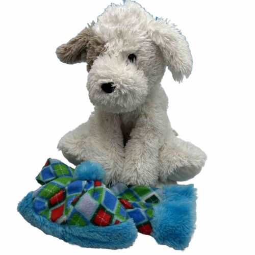 Puppy Dog Plush 15" Shaggy White Gray Puppy Dog Removable Argyle Hat Scarf - Picture 1 of 7