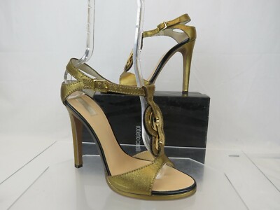 NIB ROBERTO CAVALLI METALLIC BRONZE LEATHER T-STRAP SANDALS PUMPS 38.5 ITALY