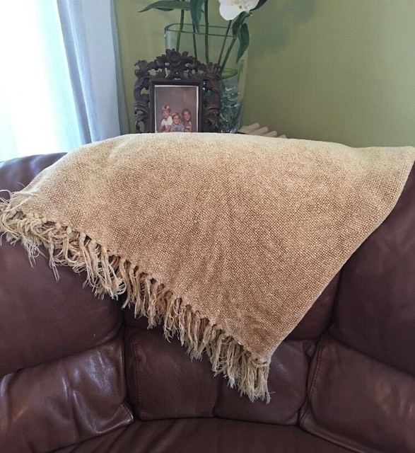 Pottery Barn Chenille Gold Fringed Throw Blanket 59" X 52" Couch