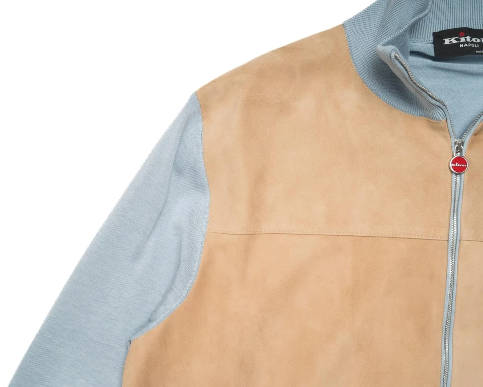 Kiton $6,940 Light Blue Beige Bomber Jacket Suede Inserts Cotton Silk M (50 IT) - Image 4 of 4