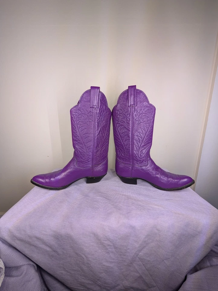 Винтажные узкие фиолетовые кожаные ковбойские сапоги Panhandle | ручная работа, с коротким носком - Изображение 4 из 4