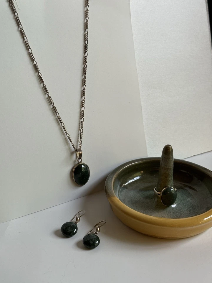 Серебро 925 зеленый мох агат ожерелье, серьги и кольцо комплект шикарный! - Изображение 3 из 4