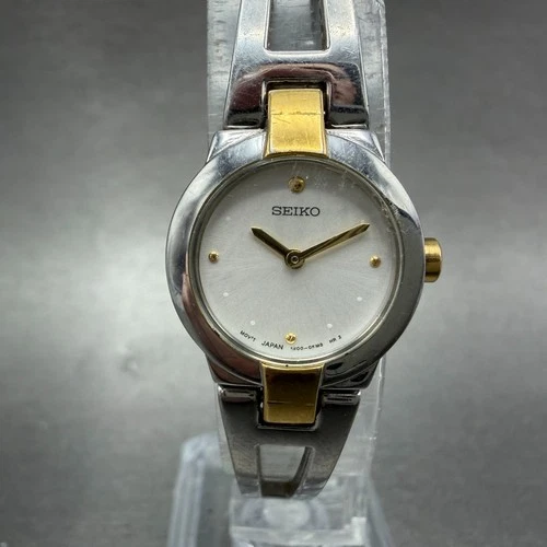 Seiko Watch Women 20mm White Dial Two Tone Round 1N00-0GM0 New Battery Vintage