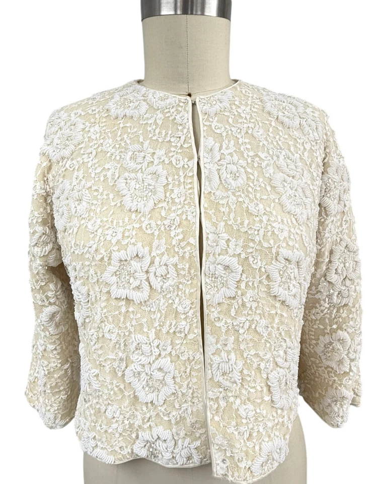 Cárdigan De Colección Años 50 Hong Kong Cuentas Marfil Cachemira Brújula Rosa VI AB Lentejuelas L Foto 2 de 4