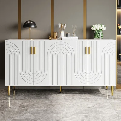 Weiß +Golden Sideboard Anrichte mit 2 Wellendesign Türen 4 Ablagefächern 152 cm - Bild 1 von 4