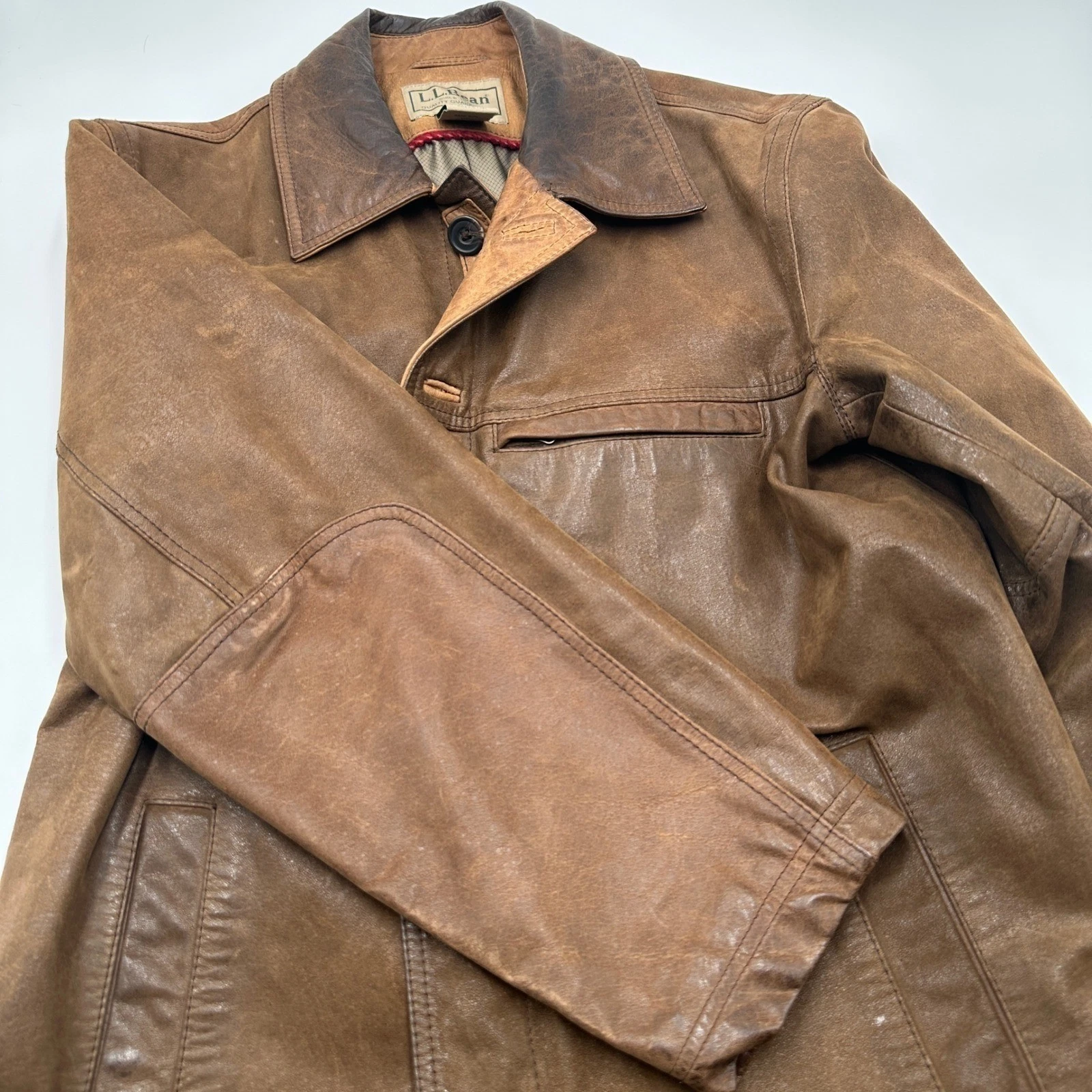Vintage LL Bean Mens M Brown Leather Barn Jacket Distressed Heritage Workwear image 10