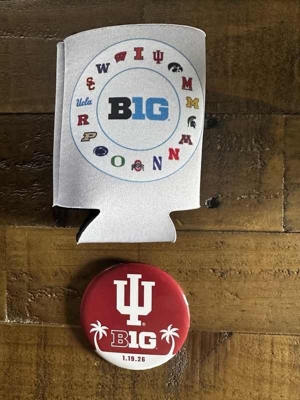 2026 Championship Playoff Souvenir Pin and Koozie IU and Big 10 / Indiana Champs