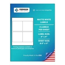White Sticker Square Labels – 4" x 4" – Laser/Inkjet Compatiblee – (4 per She...