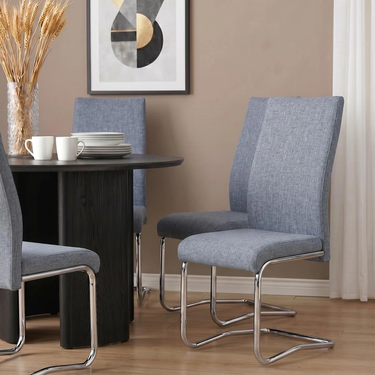 Freischwinger Esszimmerstuhl Küchenstuhl Stühle Esszimmer 4er Set Stoff grau