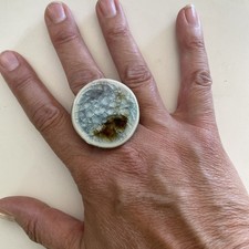 Cerámica + Vidrio Azul Marrón Grueso Gran Tamaño Anillo Distintivo Hecho a Mano Usable Arte