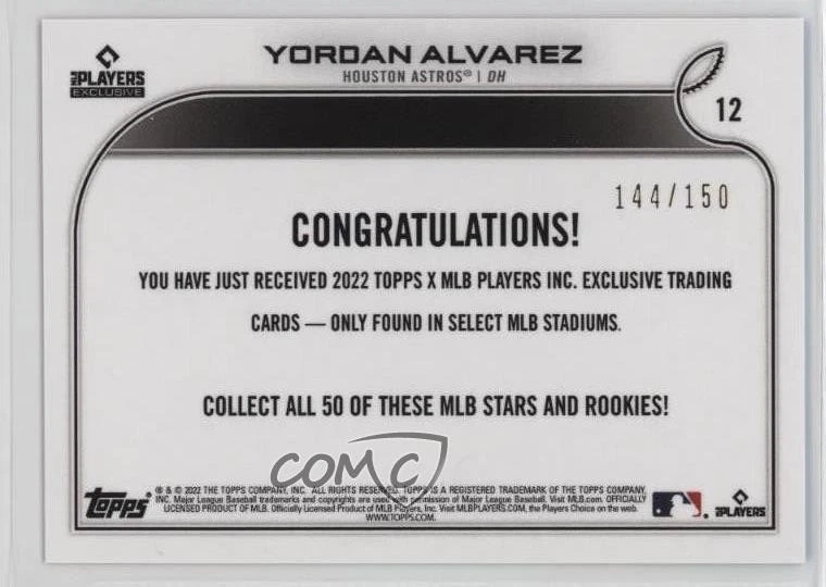 2022 Topps X MLB Players Exclusive Blue /150 Yordan Alvarez #12 - Image 2 of 2