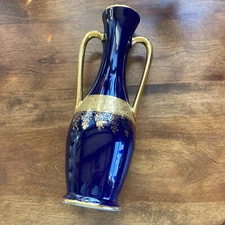 Rare Vintage Limoges Cobalt Blue Two Handled Vase 11.5”x4.5” Mint
