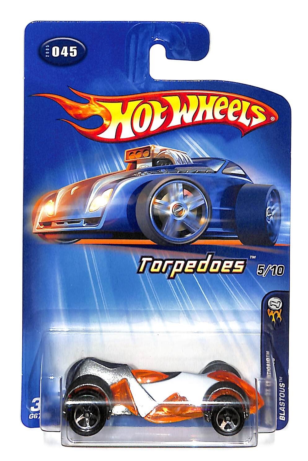 2005 Hot Wheels #45 First Editions-Torpedoes 5/10 BLASTOUS White-Orange w/5Spoke