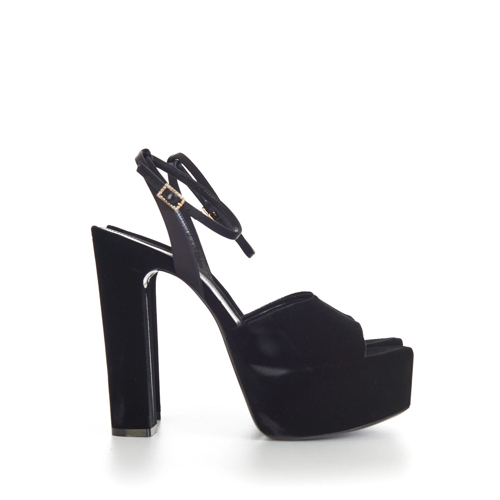 Saint Laurent — SAINT LAURENT 1150$ JODIE Black Platform Sandals - Velvet Peep-Toe Strass Buckle