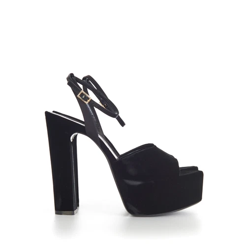 SAINT LAURENT 1150$ JODIE Black Platform Sandals - Velvet Peep-Toe Strass Buckle