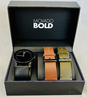 MOVADO BOLD 42mm Silver Swiss Sunray Stainless Luxury Leather Band(s) X3 Box Set