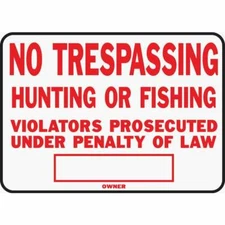 (144)-Hy-Ko Aluminum Fluorescent Sign, No Trespassing Hunting or Fishing SS-5